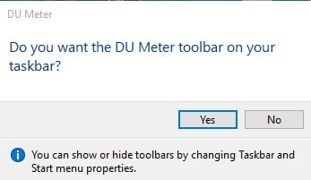 Click on'Yes' to add DU Meter toolbar on Taskbar