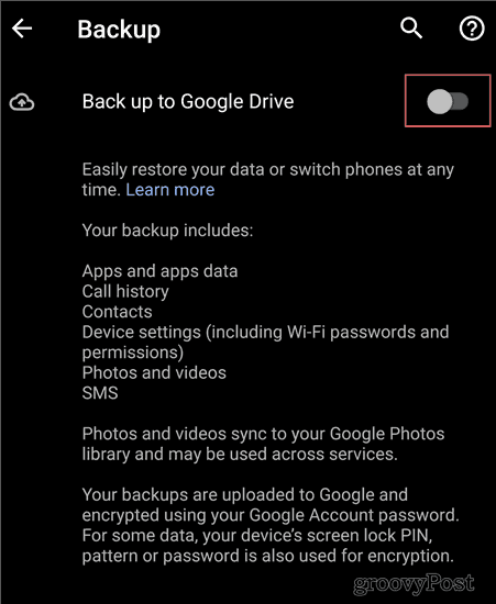 Android Backup settings backup to drive