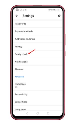 new'Safety Check' option on the Settings