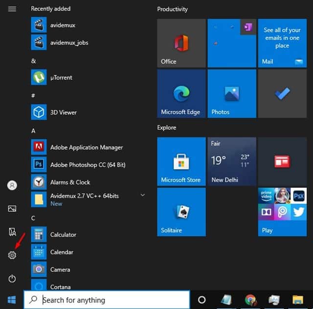 Start button and click on the Settings