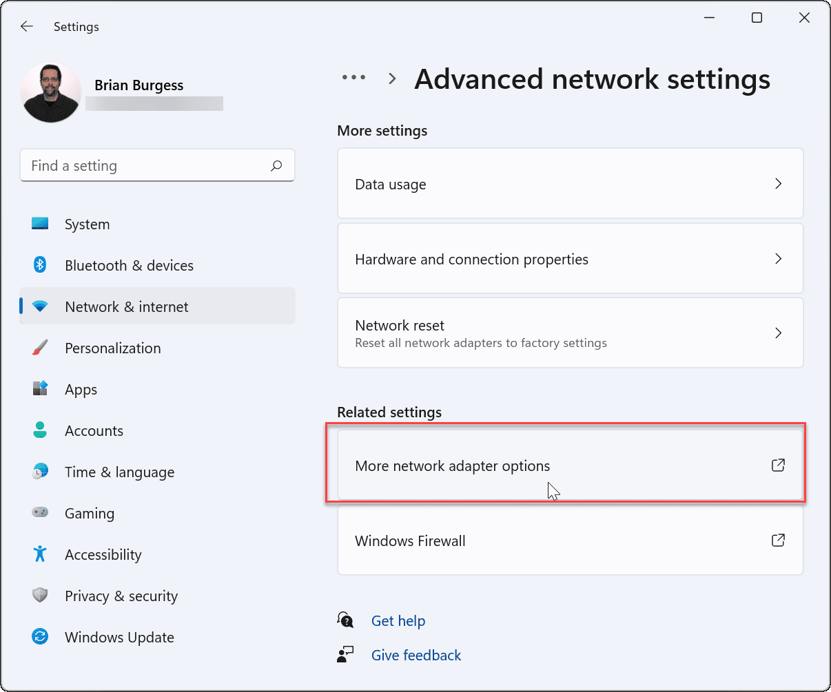more network adapter settings