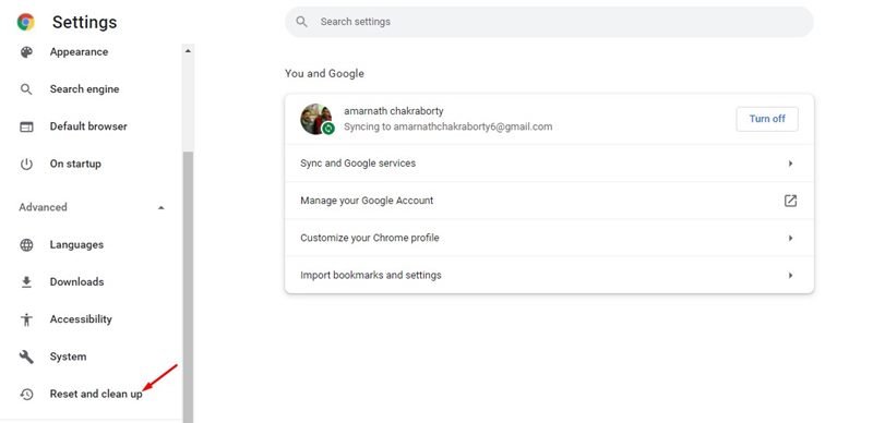click on the Reset and Clean up