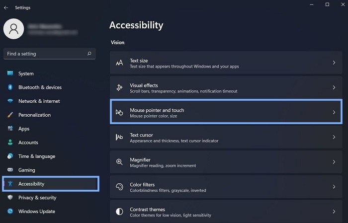 Accessibility Main Menu Mouse Pointer