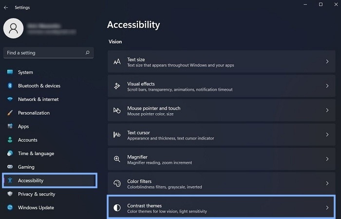 Accessibility Main Menu Contrast Themes
