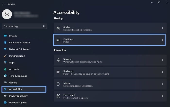 Accessibility Main Menu Captions