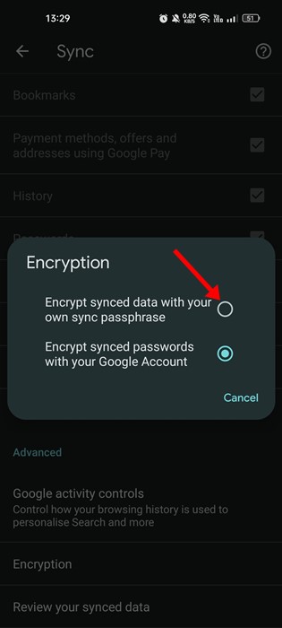 Encrypt synced data with your own sync passphrase